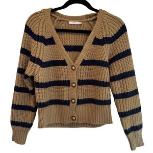 Lush Women Tan Navy Blue Striped Chunky Knit V-Neck Cardigan Sweater Small